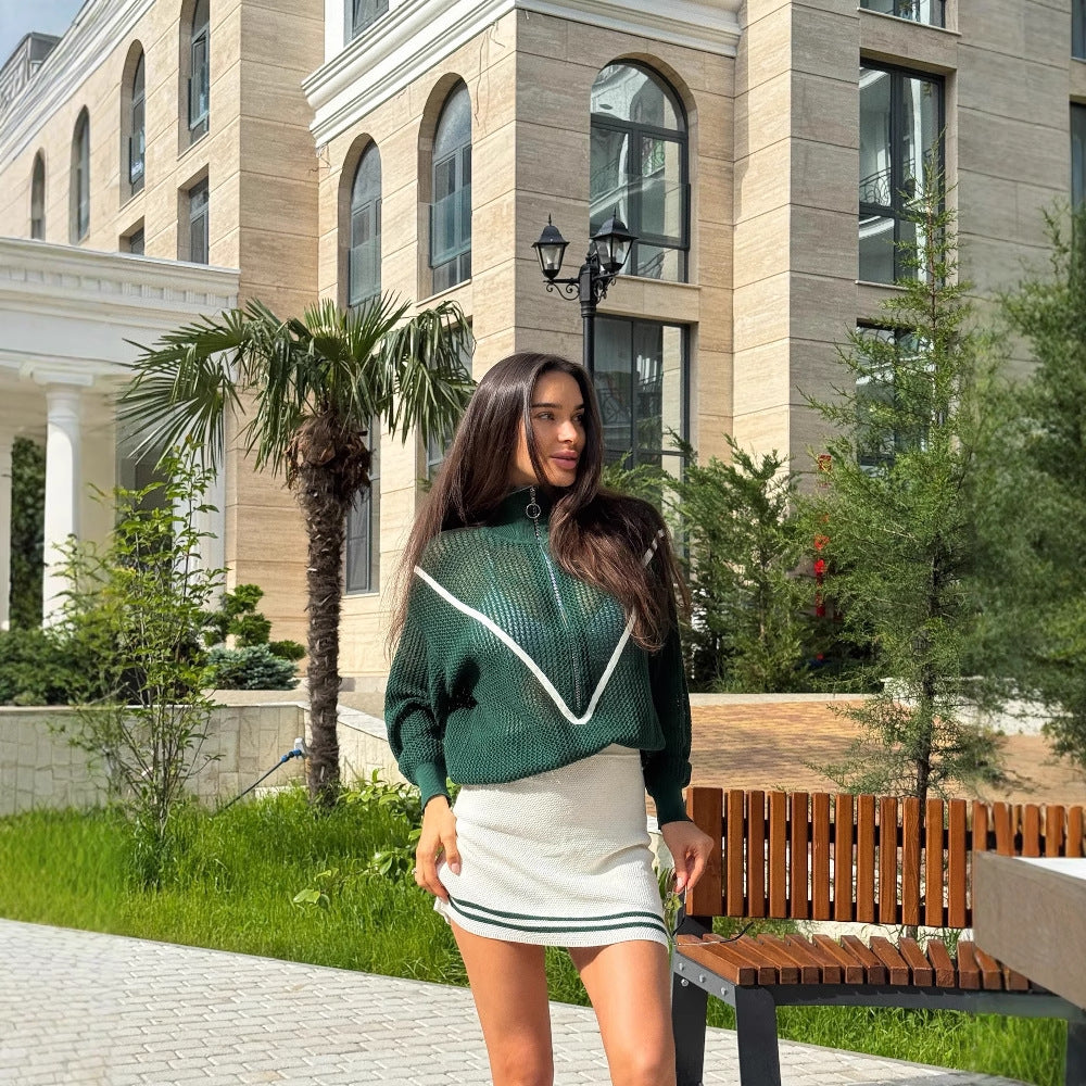 Women's elegant knit sweater with high collar and fashionable mesh design NOVAE