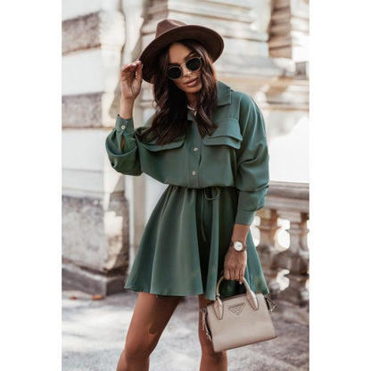 Women's shirt dress with elegant tie belt and practical pockets NOVAE