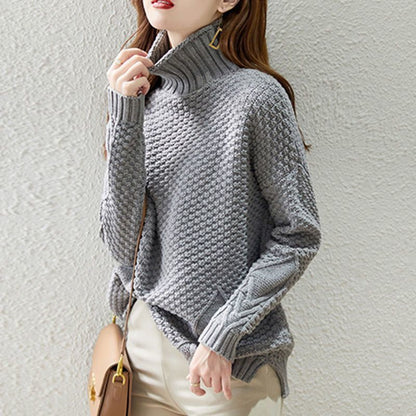 Women's chunky knit sweater with high collar and textured design NOVAE