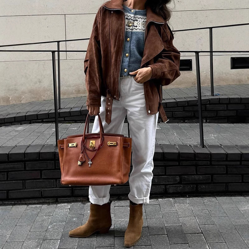 Women's casual oversized leather jacket with practical pockets NOVAE