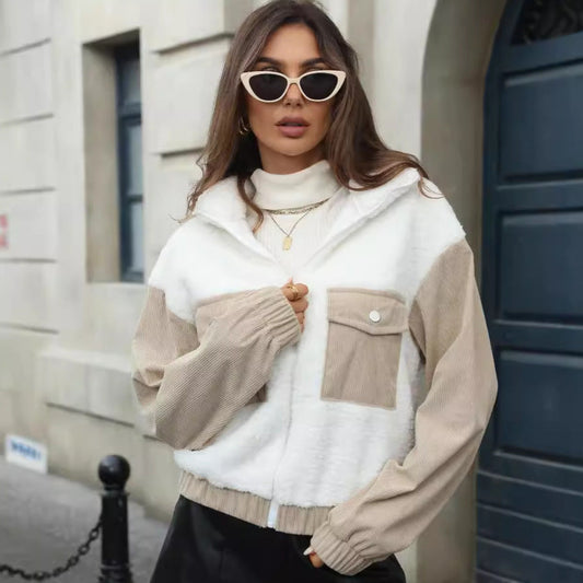 Women's fleece jacket with hood and fashionable corduroy detail NOVAE