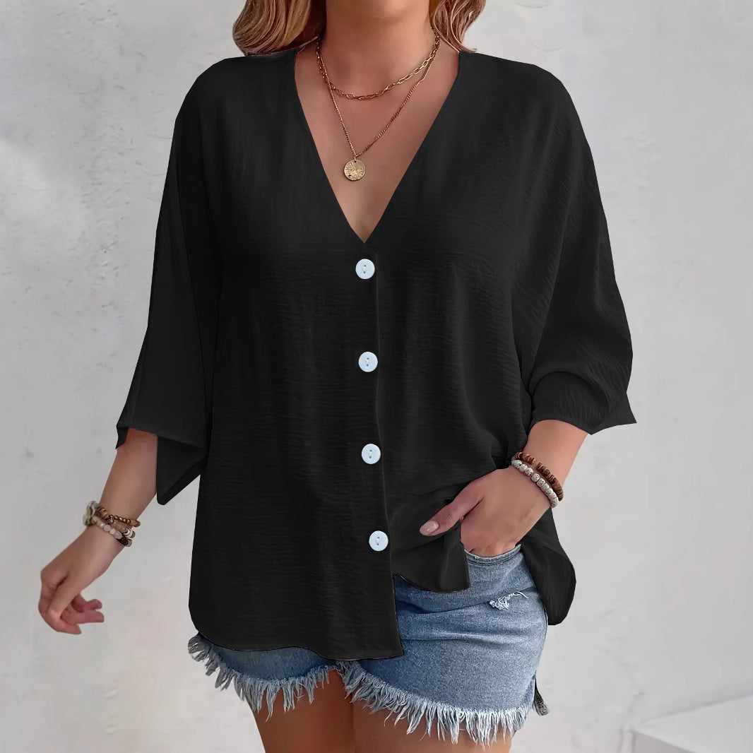 Women's flattering short-sleeved blouse with button placket and V-neck NOVAE
