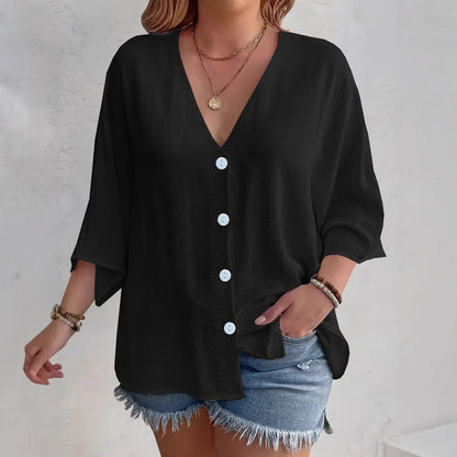Women's flattering short-sleeved blouse with button placket and V-neck NOVAE