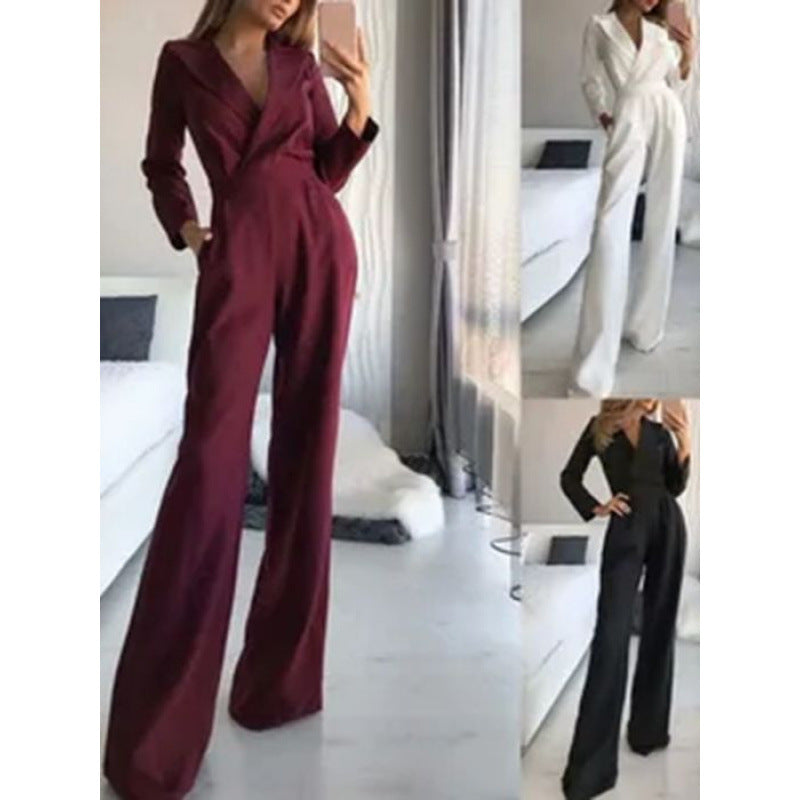 Women's elegant jumpsuit with long legs and classic mock collar NOVAE