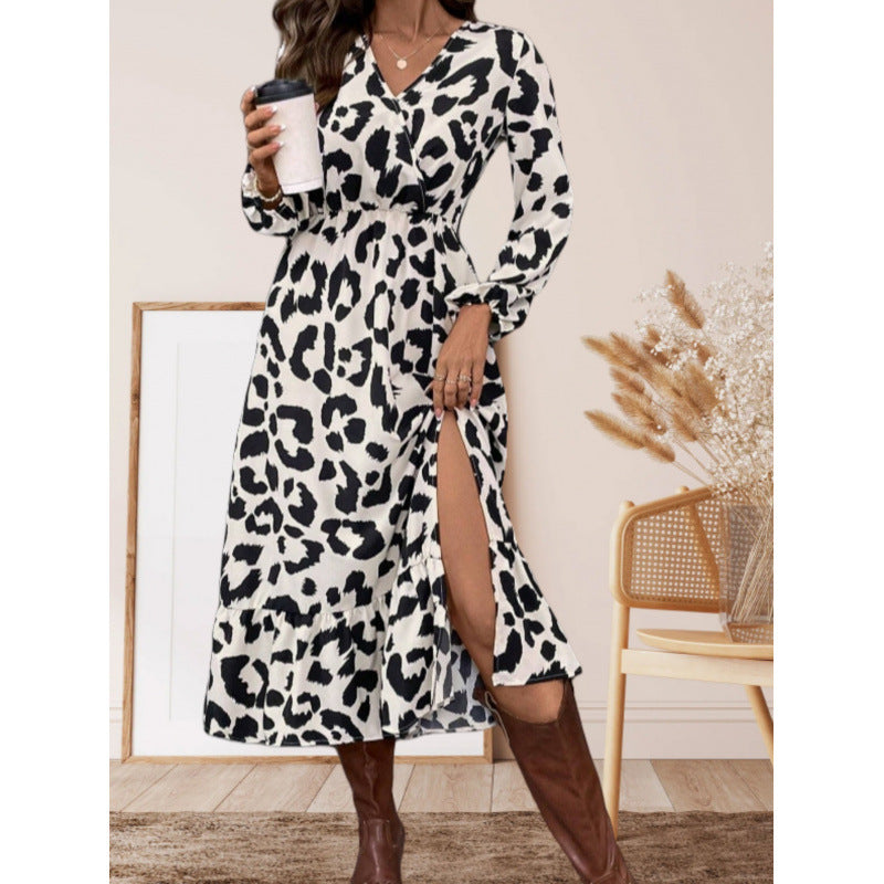 Women's maxi dress with asymmetrical cut and trendy leopard print NOVAE