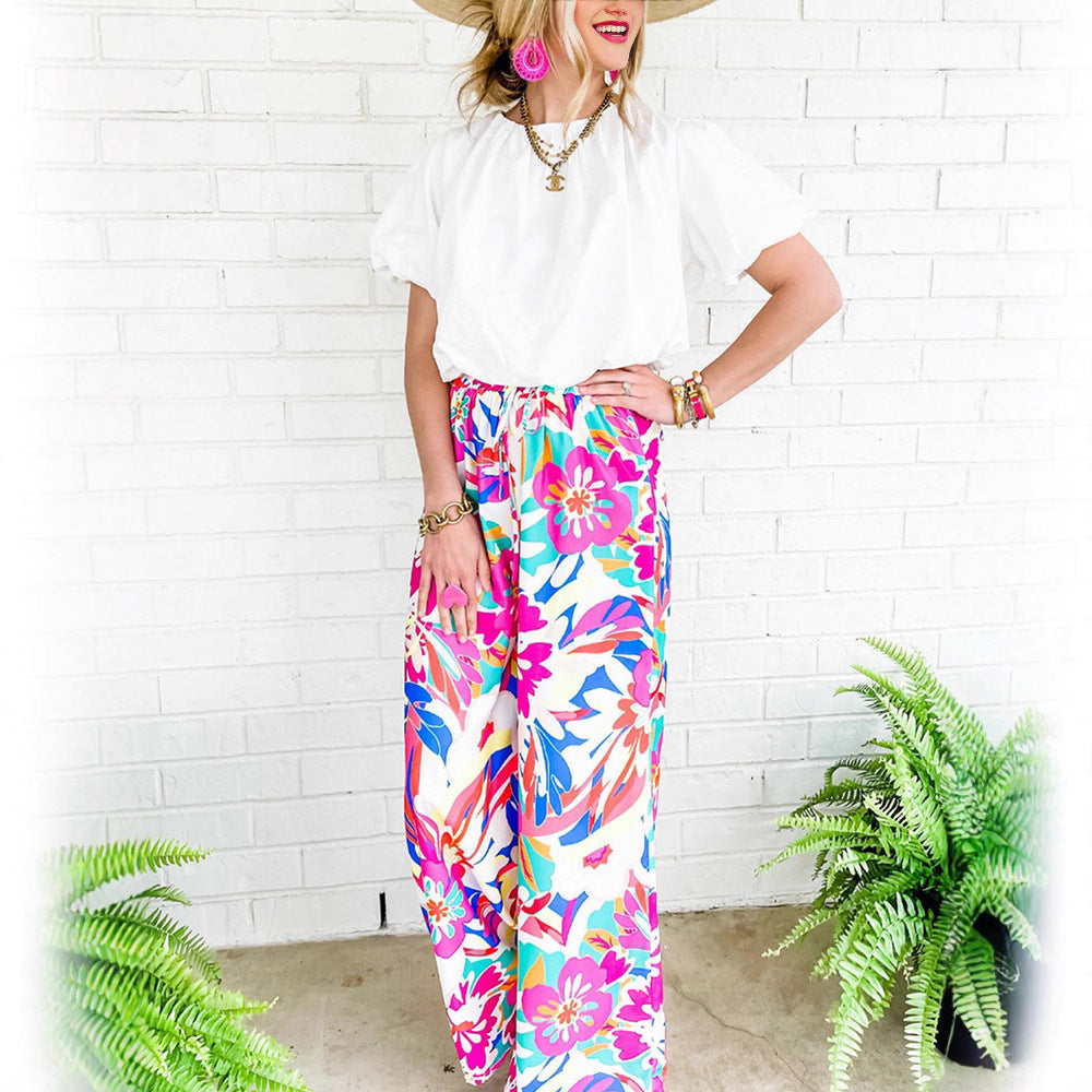 Women's Trendy Wide Leg Floral Print Trousers NOVAE