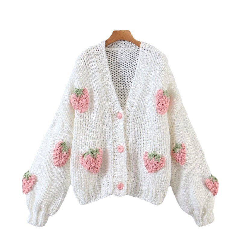 Women's cardigan with strawberry appliqués and button closure NOVAE