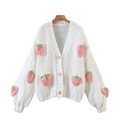 Women's cardigan with strawberry appliqués and button closure NOVAE