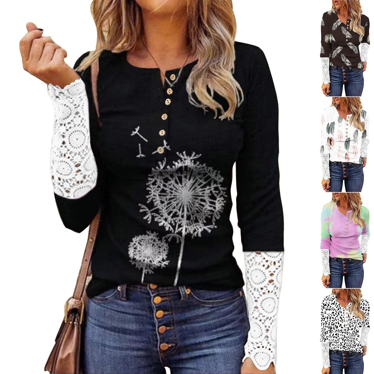 Women's long-sleeved T-shirt with lace and modern leopard print NOVAE