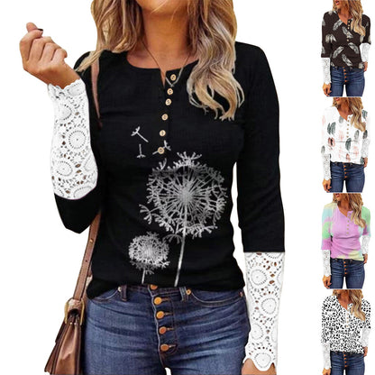 Women's long-sleeved T-shirt with lace and modern leopard print NOVAE