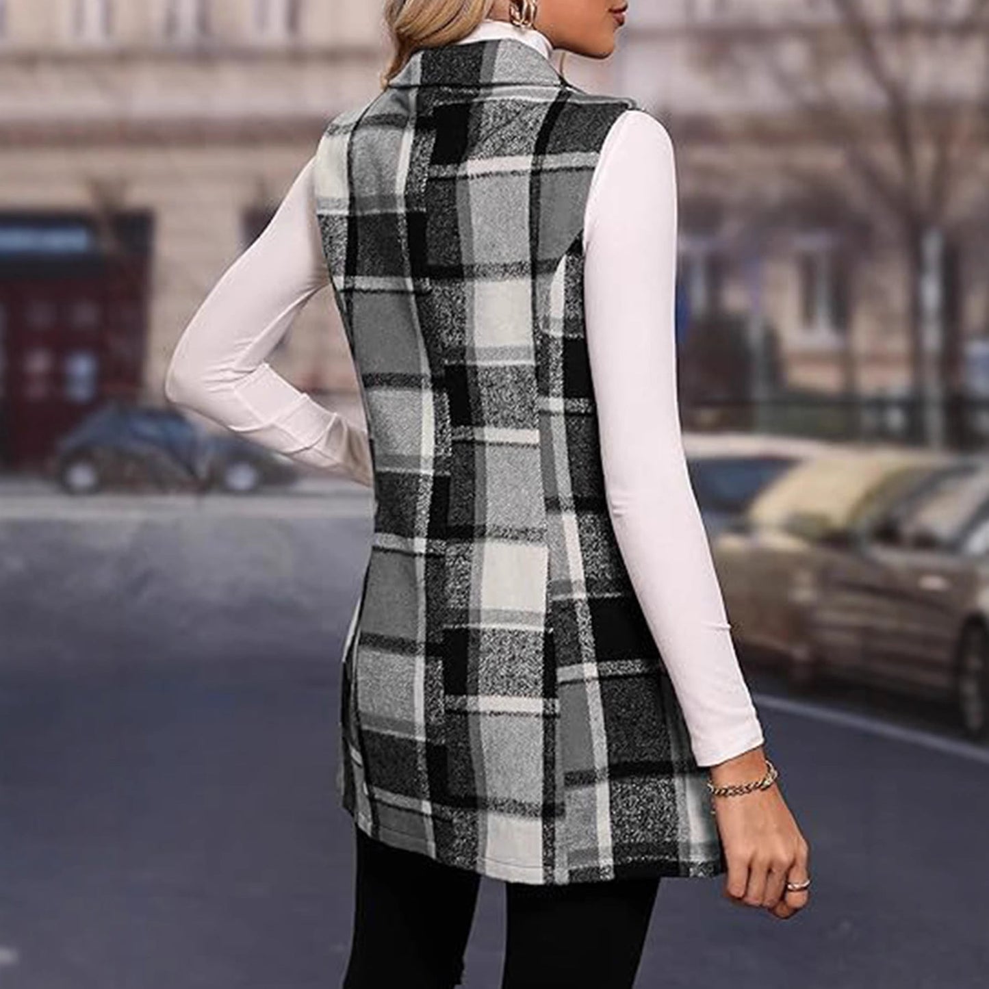 Women's long jacket in a modern check design NOVAE