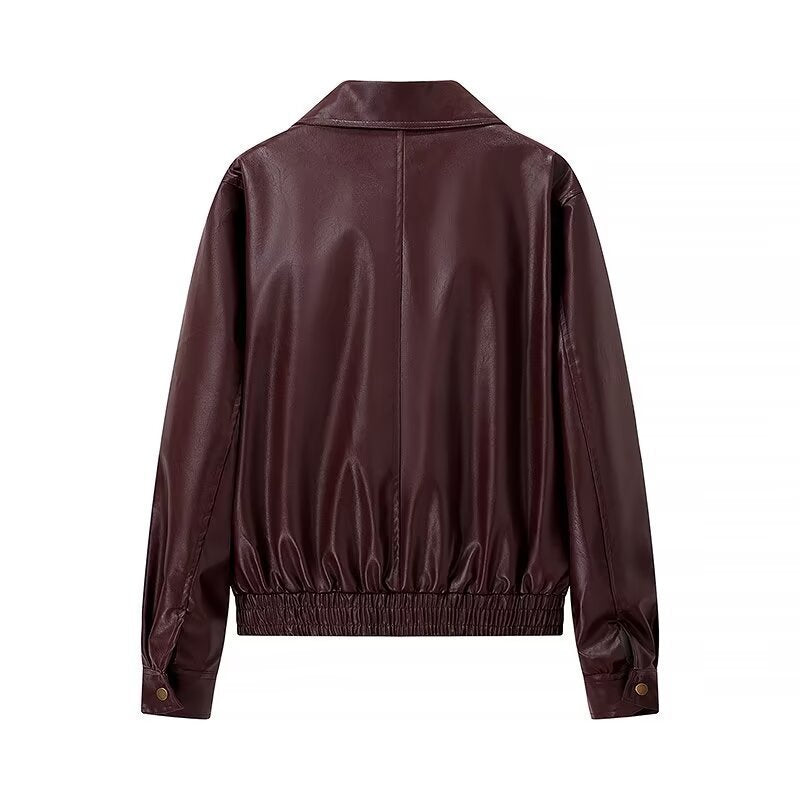 Women's fashionable faux leather jacket in vintage style with stand-up collar NOVAE