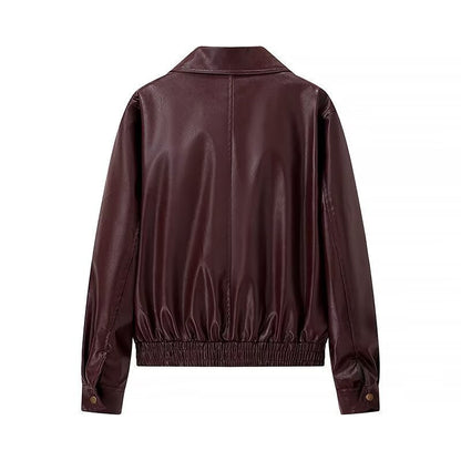 Women's fashionable faux leather jacket in vintage style with stand-up collar NOVAE