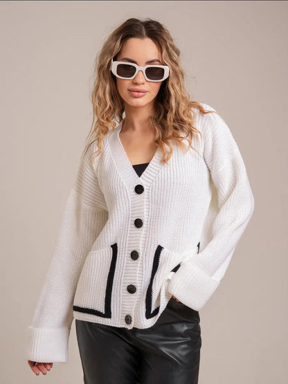 Women's chunky knit cardigan with large pockets and decorative button NOVAE