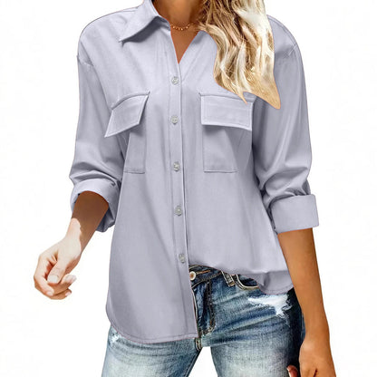 Women's casual long-sleeved blouse with practical chest pockets and button closure NOVAE