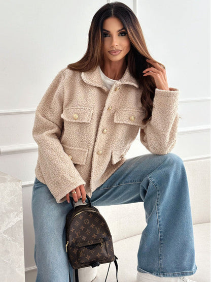 Women's teddy jacket with practical pockets and elegant button details NOVAE