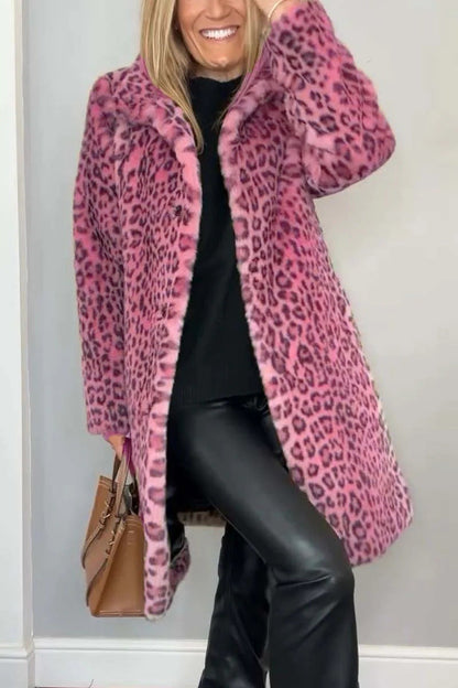 Women's Fluffy Leopard Print Jacket with High Collar NOVAE