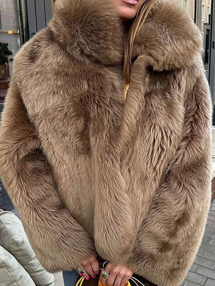 Women's fluffy faux fur coat with high collar and soft lining NOVAE