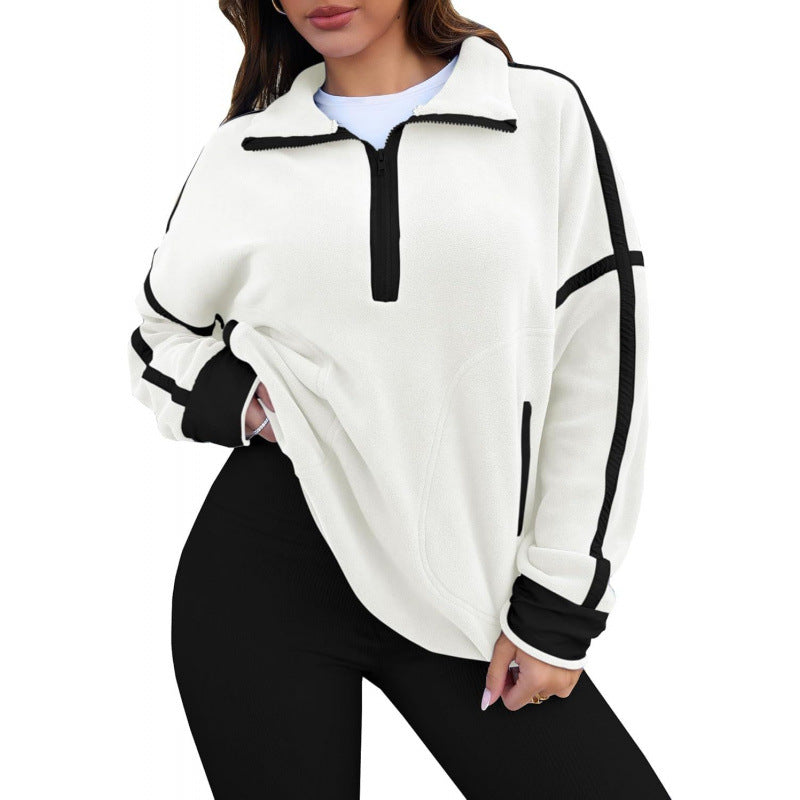 Women's fleece pullover with half zipper and contrasting sleeves NOVAE