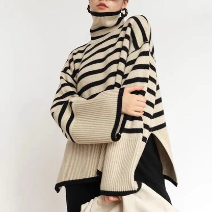 Women's Casual Knit Sweater with Block Stripes and High Collar NOVAE