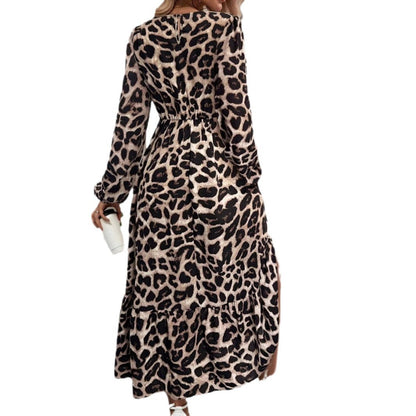 Women's Elegant Long-Sleeve Maxi Dress with Modern Animal Print and Asymmetrical Hem NOVAE