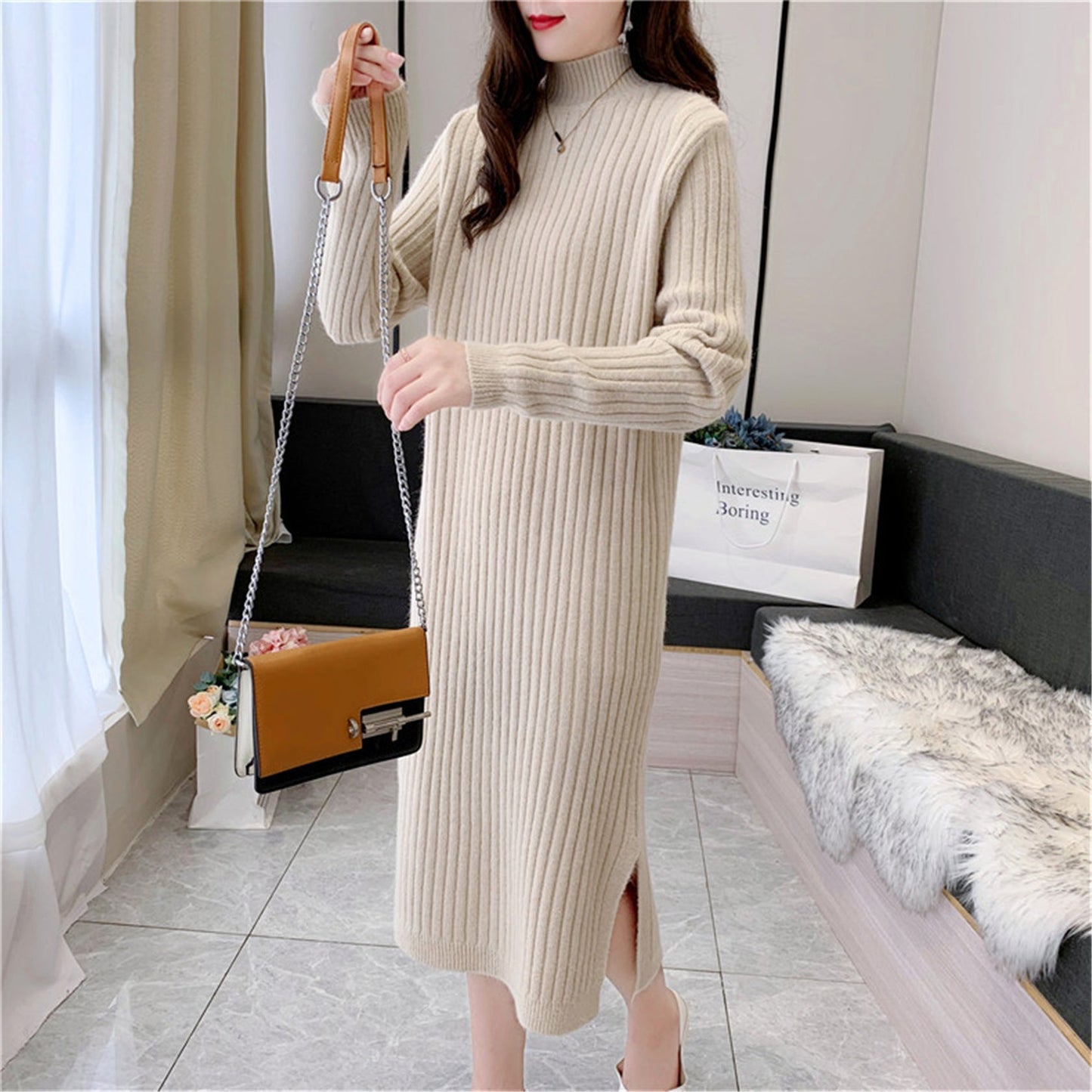 Women's knitted maxi dress with high collar and fine rib texture NOVAE