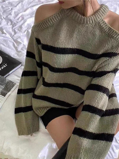 Women's off-the-shoulder knit sweater with striped pattern and relaxed fit NOVAE