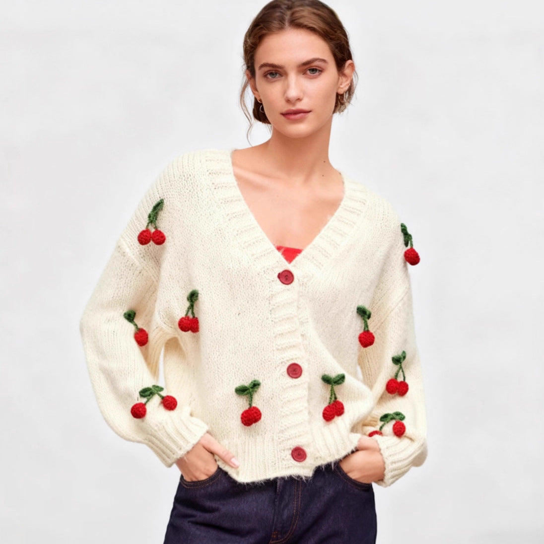 Women's cardigan with a cheerful cherry design and practical button details NOVAE