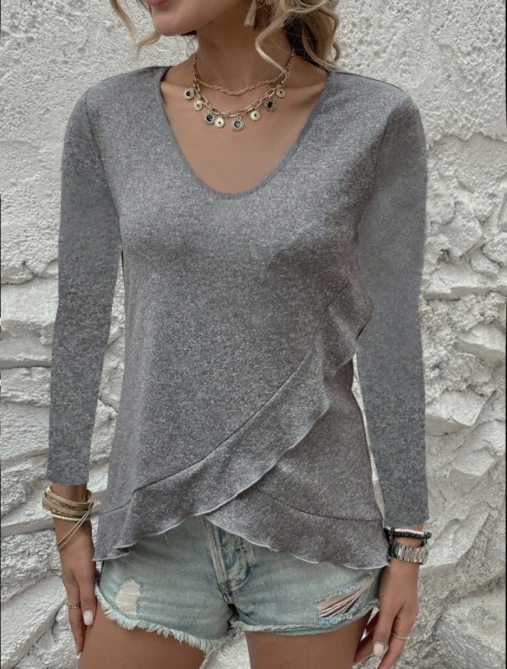 Women's sophisticated V-neck top with asymmetrical hem NOVAE