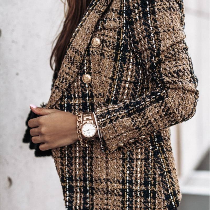 Women's Checkered Blazer with Gold Buttons and Textured Fabric NOVAE