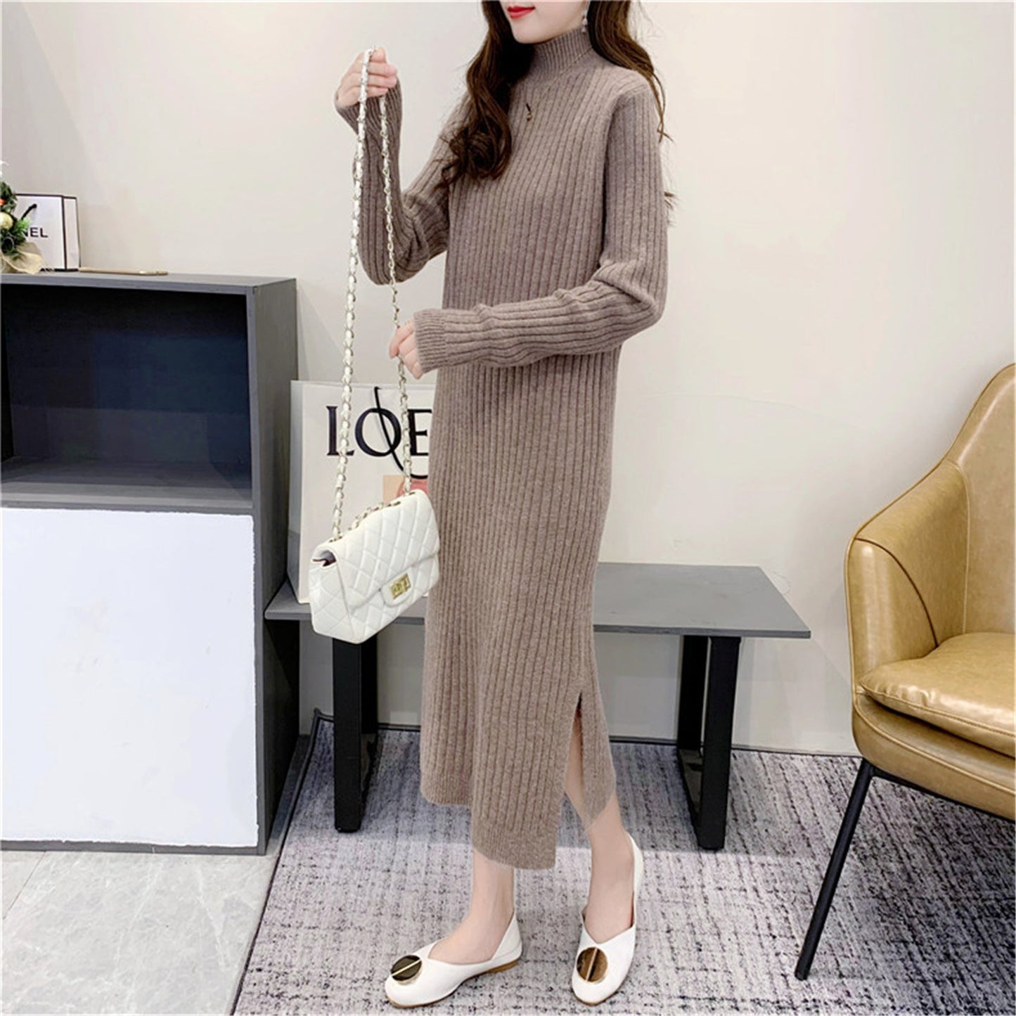 Women's knitted maxi dress with high collar and fine rib texture NOVAE