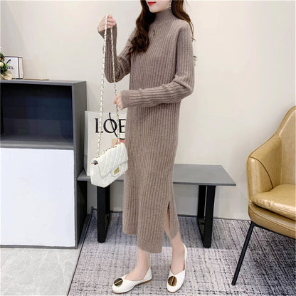 Women's knitted maxi dress with high collar and fine rib texture NOVAE