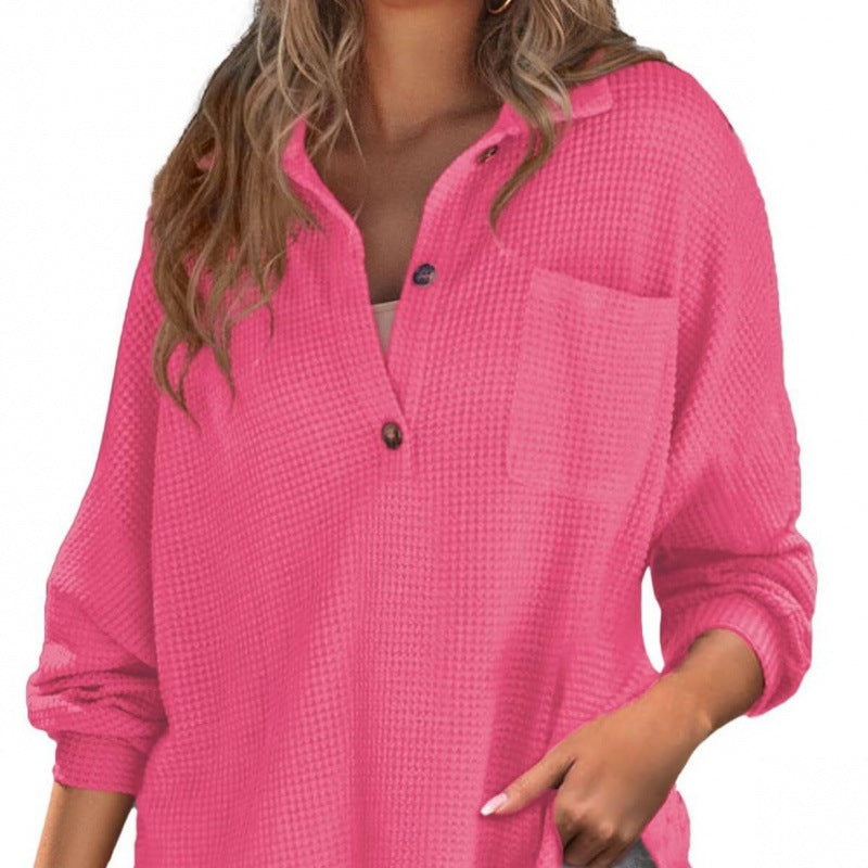 Women's casual waffle shirt with stand-up collar and button placket NOVAE