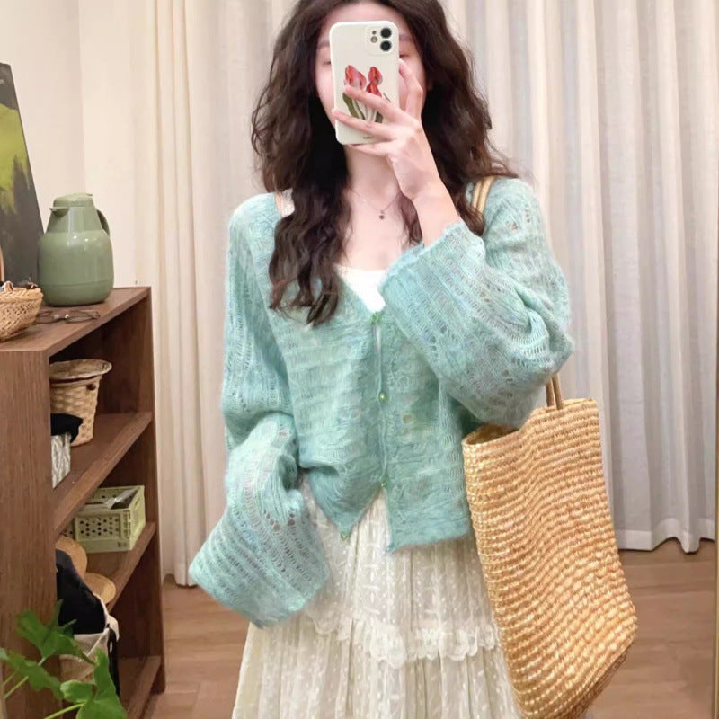 Women's airy knit cardigan with fine openwork pattern and wide cut NOVAE