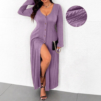 Women's maxi dress with button placket and elegant slit NOVAE
