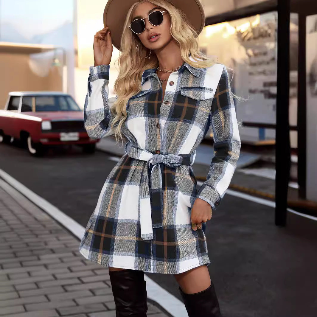 Women's Checkered Shirt Dress with Waist Belt and Chest Pockets NOVAE
