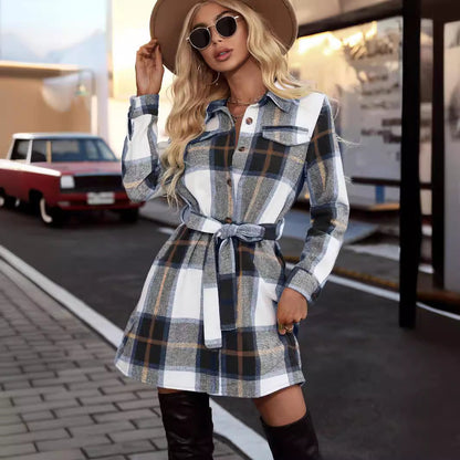 Women's Checkered Shirt Dress with Waist Belt and Chest Pockets NOVAE