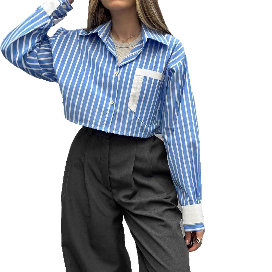 Women's cropped shirt blouse with fine stripes and contrasting chest pocket NOVAE