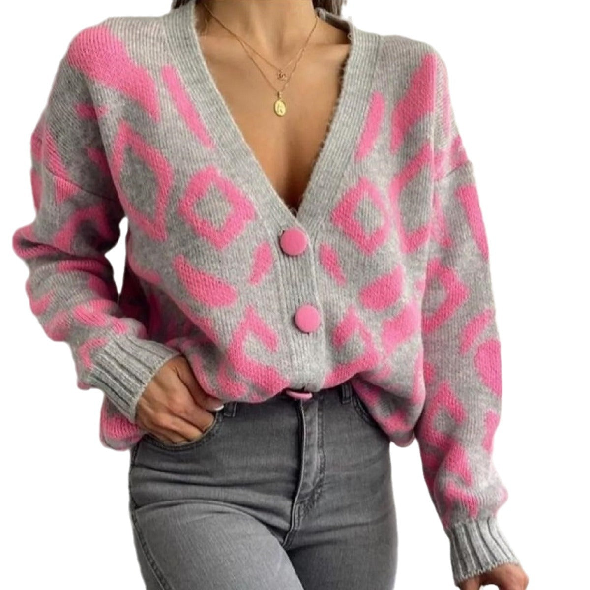 Women's cozy knit cardigan with vibrant animal print and button details NOVAE