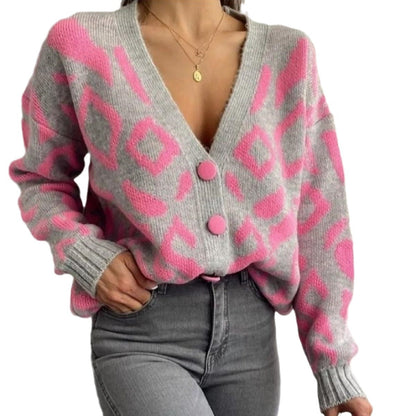 Women's cozy knit cardigan with vibrant animal print and button details NOVAE