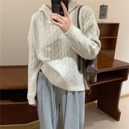 Women's Cozy Knit Sweater with Hood and Cable Pattern NOVAE