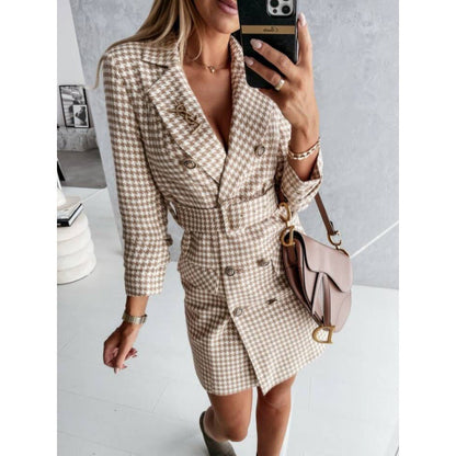 Women's shirt dress in a classic houndstooth design with an elegant waistline and double row of buttons NOVAE