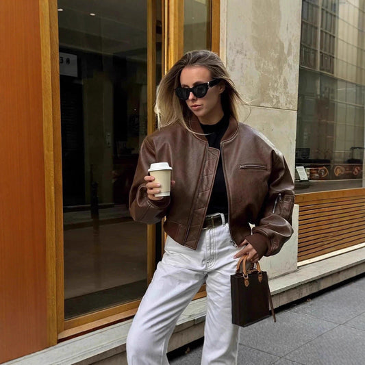 Women's leather bomber jacket with innovative zipper details NOVAE