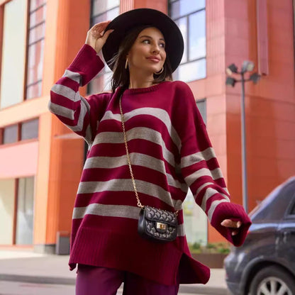 Women's oversized knit sweater with fashionable striped pattern and detailed ribbed texture NOVAE