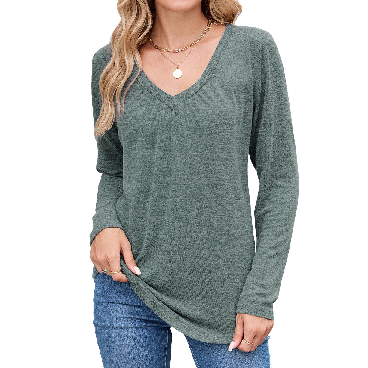 Women's casual long-sleeved shirt with V-neck and pleat detail NOVAE