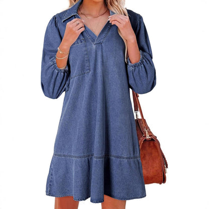 Women's denim dress with voluminous sleeves and side pocket NOVAE
