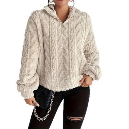 Women's Cozy Fleece Sweater with High Collar and Zipper Detail NOVAE