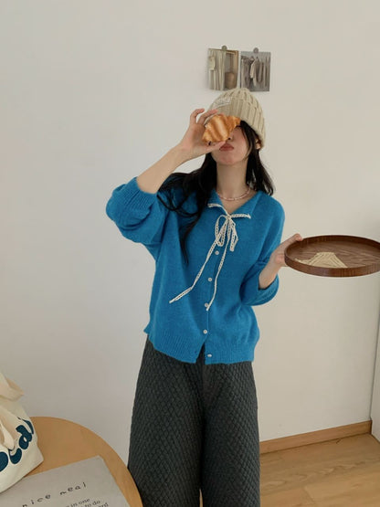 Women's casual knit cardigan with drawstring and fine texture NOVAE