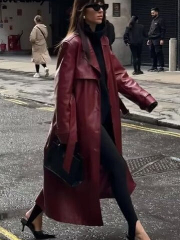 Women's faux leather trench coat with adjustable belt and chic collar NOVAE