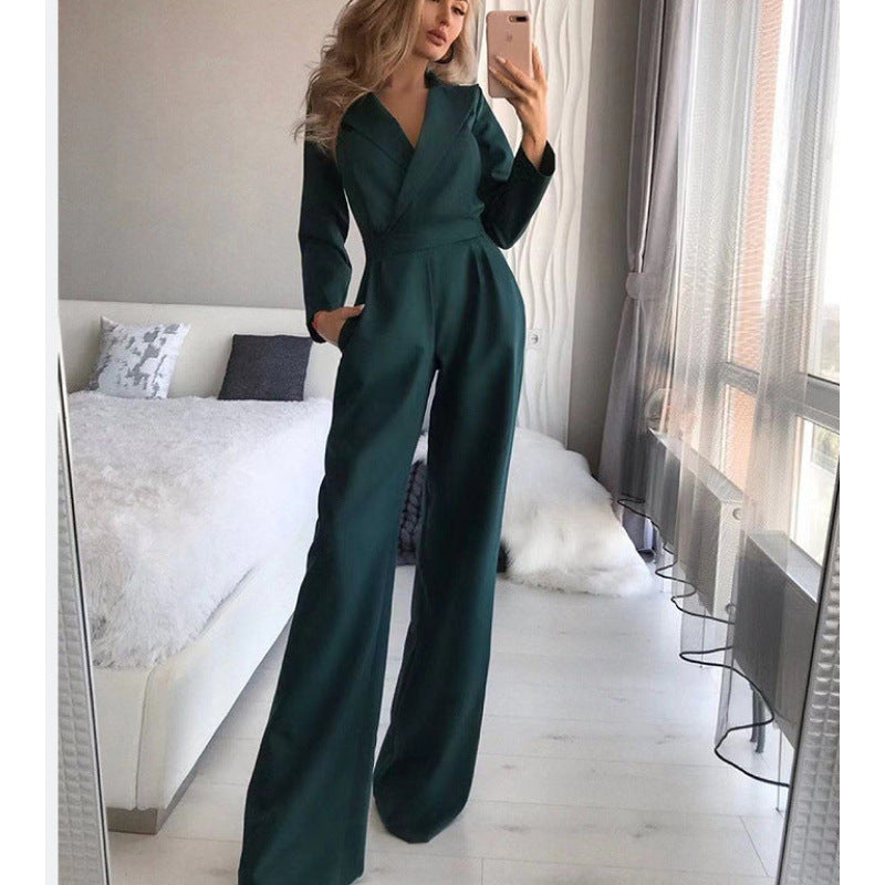 Women's elegant jumpsuit with long legs and classic mock collar NOVAE